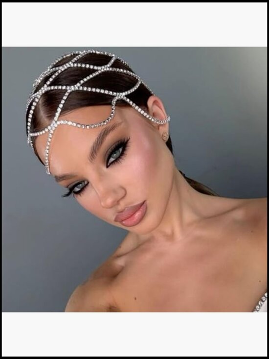 Rhinestone Mesh Headpiece Cap with Chain Flapper Hair Accessory Bridal Party